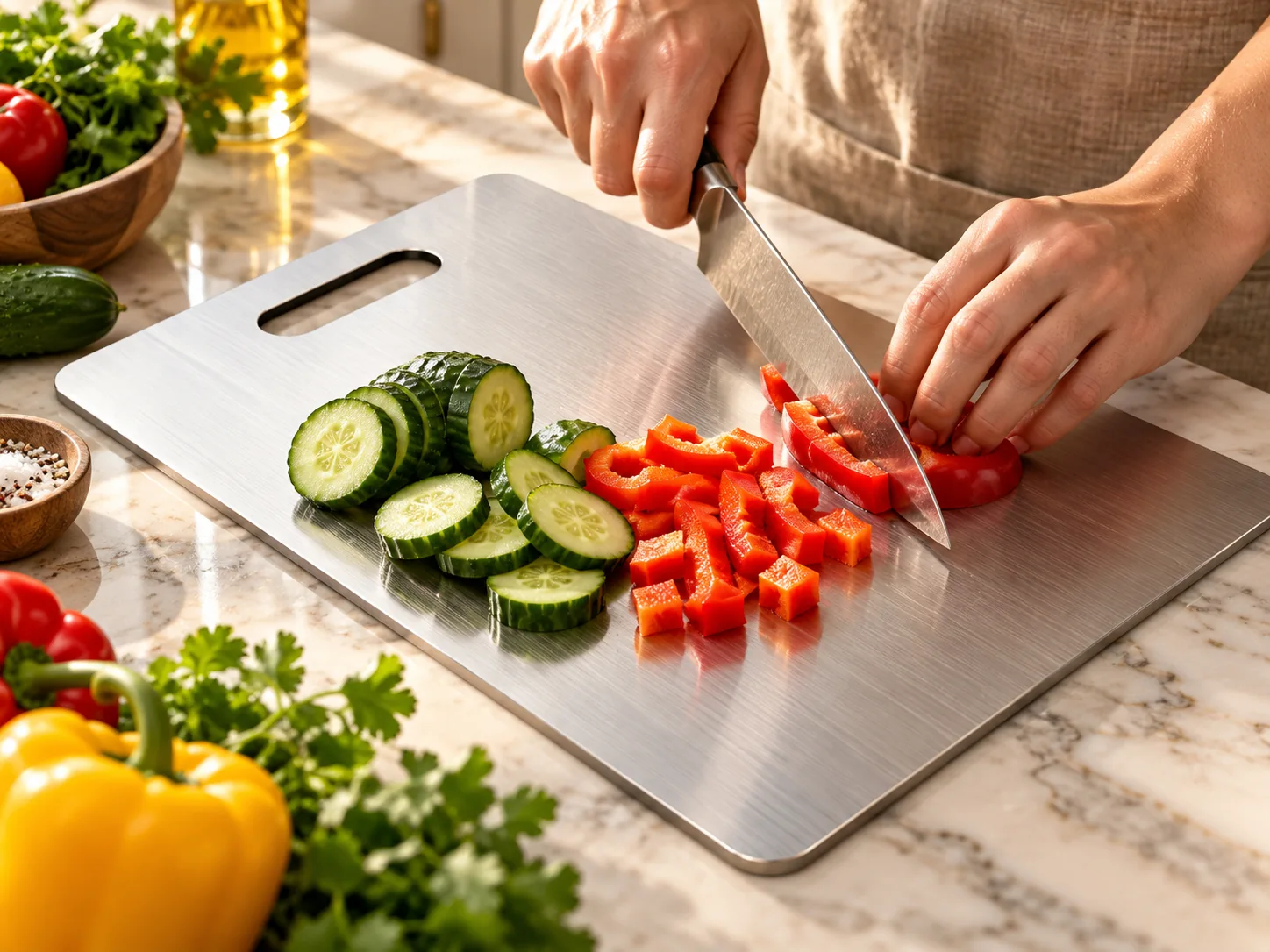 Vegetables being chopped on a brushed titanium cutting board